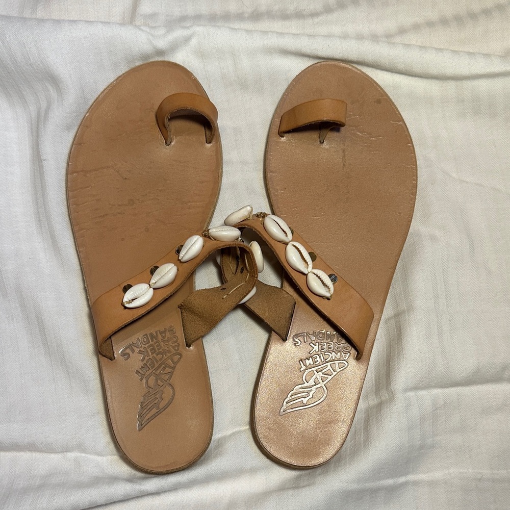 Ancient Greek Sandals Tan Leather with Shell Accents